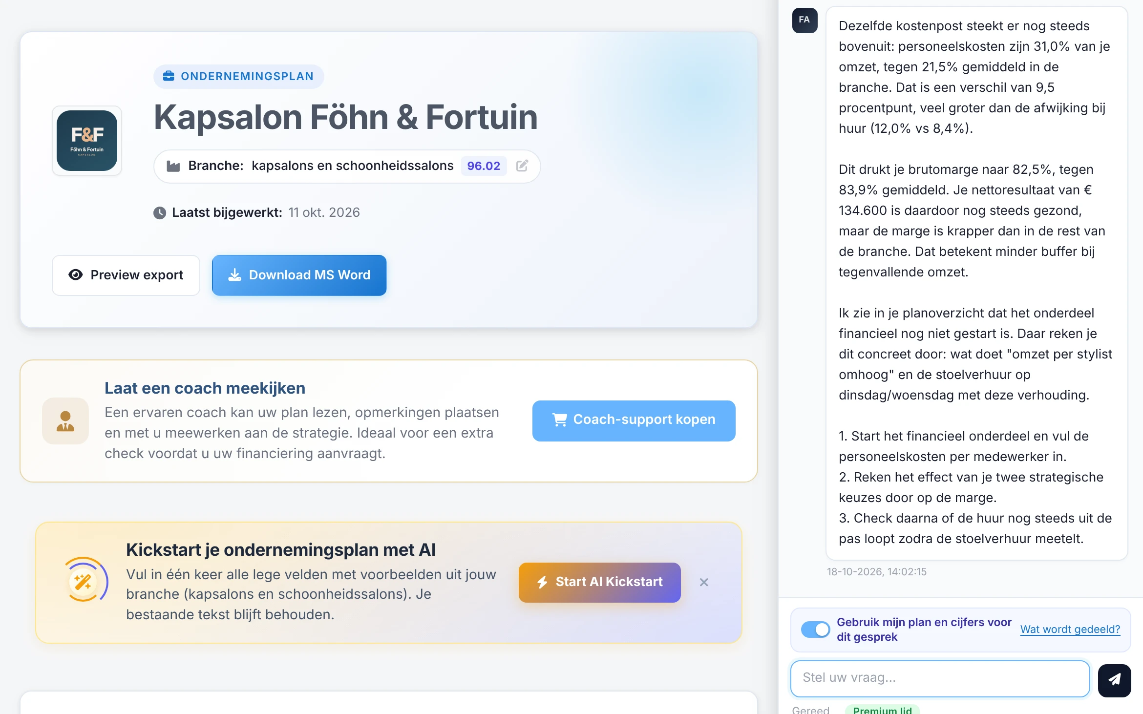 De Firmfocus Advisor beantwoordt een vraag over de kostenstructuur naast het geopende ondernemingsplan
